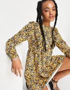 Asos Design Mini Smock Dress With Frill Detail In Yellow Floral