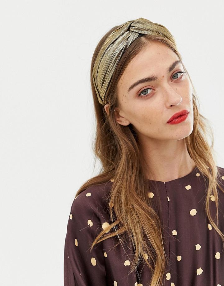 Asos Design Twist Front Plisse Headband In Metallic - Gold