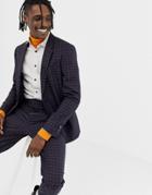 Asos Design Skinny Suit Jacket In Navy And Orange Grid Check - Navy