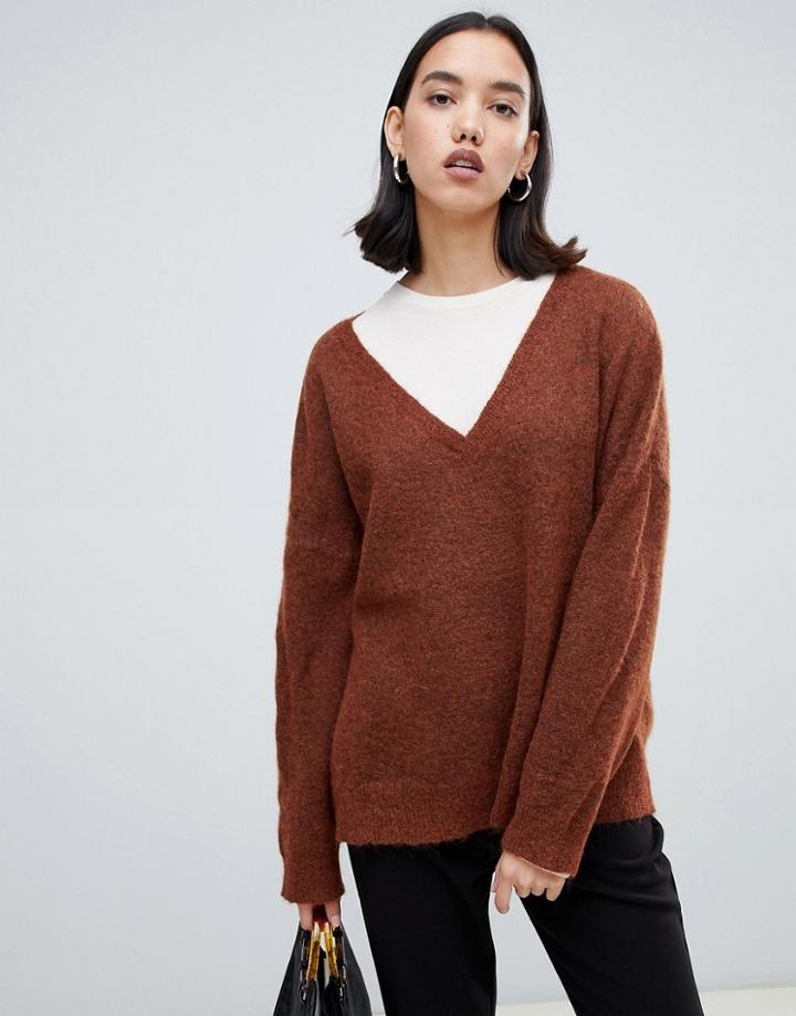 Selected Femme V Neck Sweater - Brown