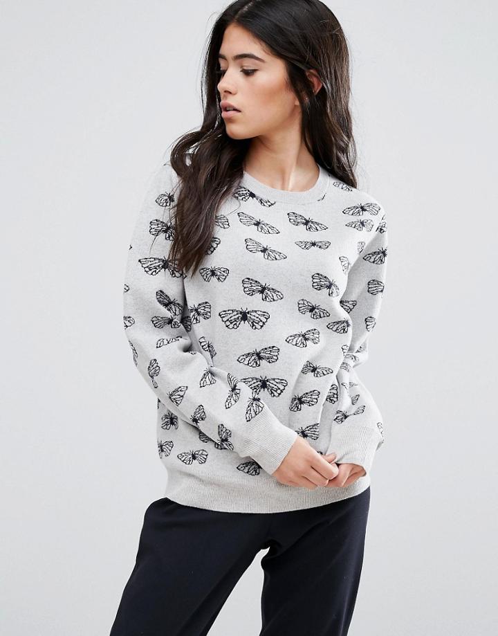 Ymc Moth Print Lambswool Sweater - Gray