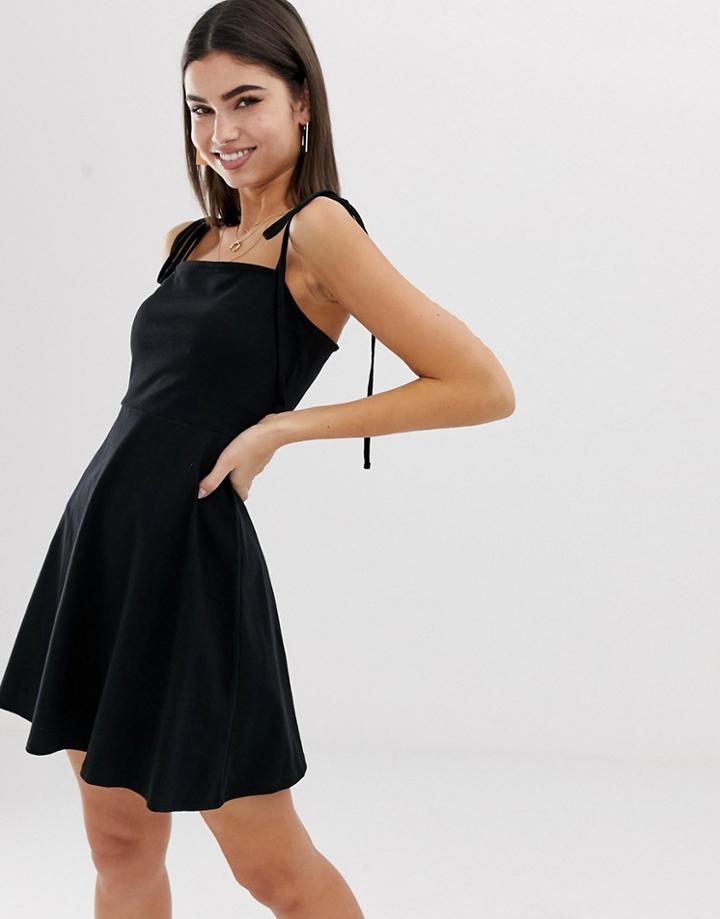 Asos Design Mini Square Neck Sundress With Tie Straps-black