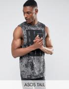 Asos Tall Longline Sleeveless T-shirt With Bleach Wash And Text Print - Black