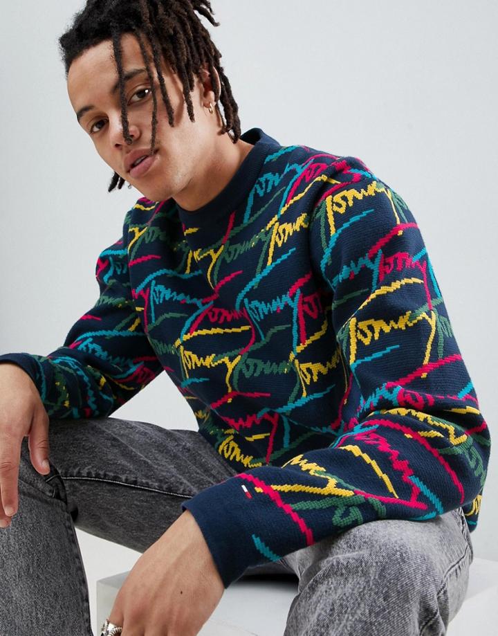 Tommy Jeans Retro Signature Logo Knit Sweater In Navy - Navy