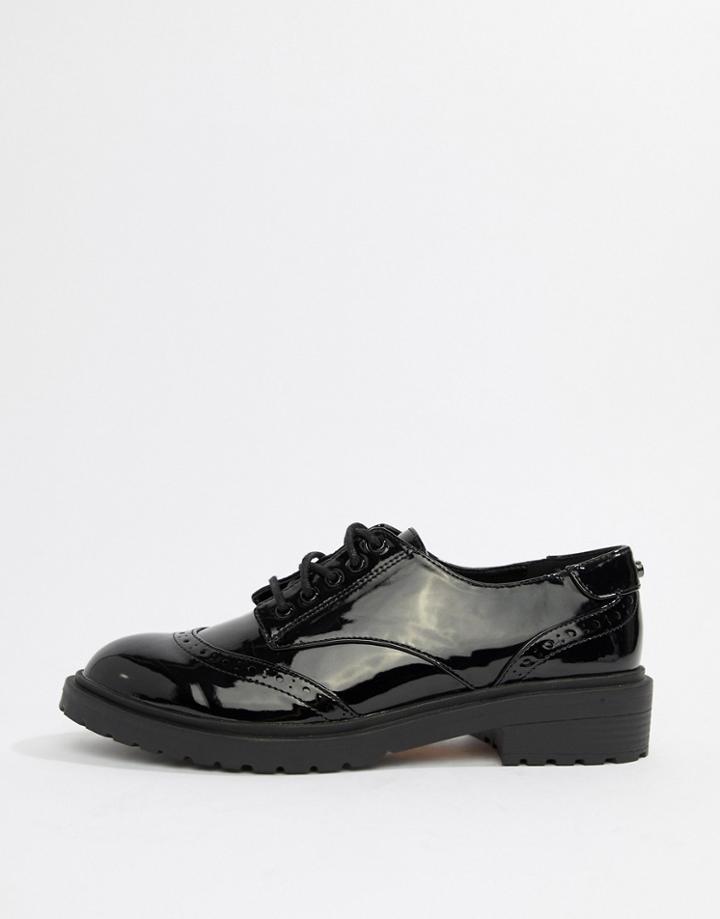 Faith Ace Black Lace Up Patent Brogue Shoes - Black