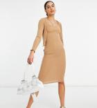New Look Tall Ribbed Dress And Cardigan Set In Camel-brown
