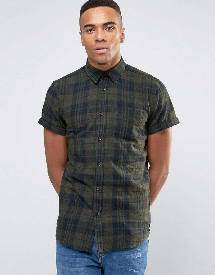 New Look Short Sleeve Check Shirt In Khaki In Regular Fit - Green