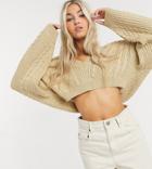Collusion Boxy V Neck Cable Knit Sweater In Sand-neutral