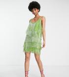 Asos Design Tall Embellished Fringed Mini Dress In Lime-green