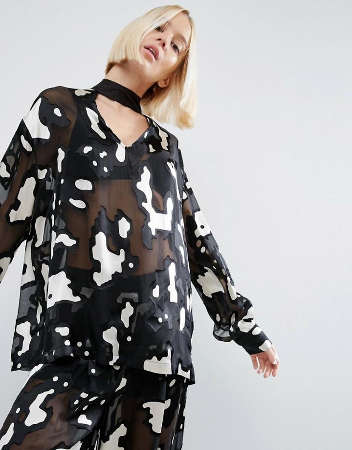 Asos White Animal Devore Tie Neck Top - Multi