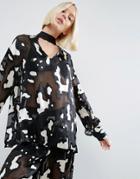 Asos White Animal Devore Tie Neck Top - Multi