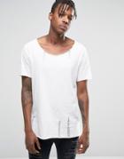 Asos Longline T-shirt In Textured Slub With Ladder Distressing In White - White
