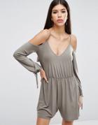 Asos Slinky Romper With Cold Shoulder And Long Sleeve - Tan