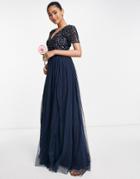Maya Bridesmaid Short Sleeve Maxi Tulle Dress With Tonal Delicate Sequins In Navy