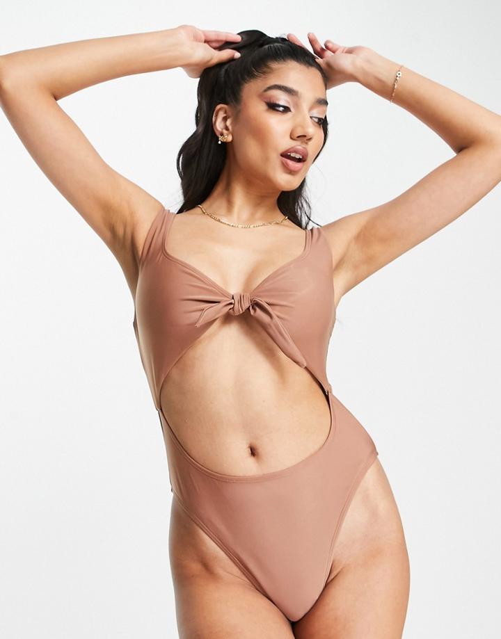 Brave Soul Scoop Neck Cut Out Swimsuit In Brown