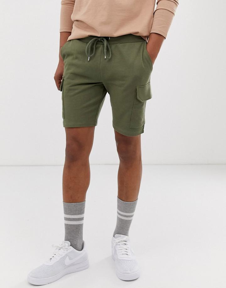 Asos Design Jersey Skinny Shorts With Cargo Pockets In Khaki-purple