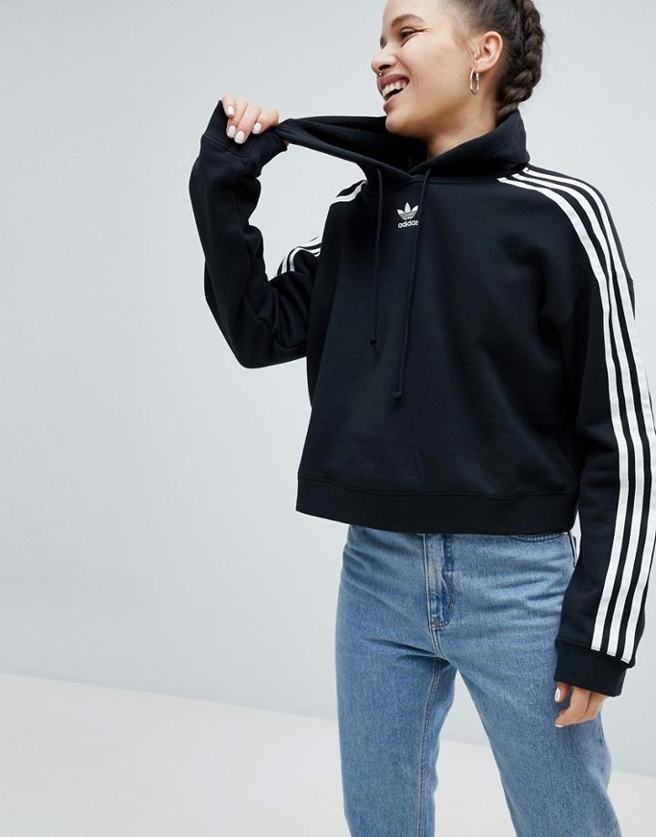 Adidas Originals Three Stripe Cropped Hoody In Black - Black