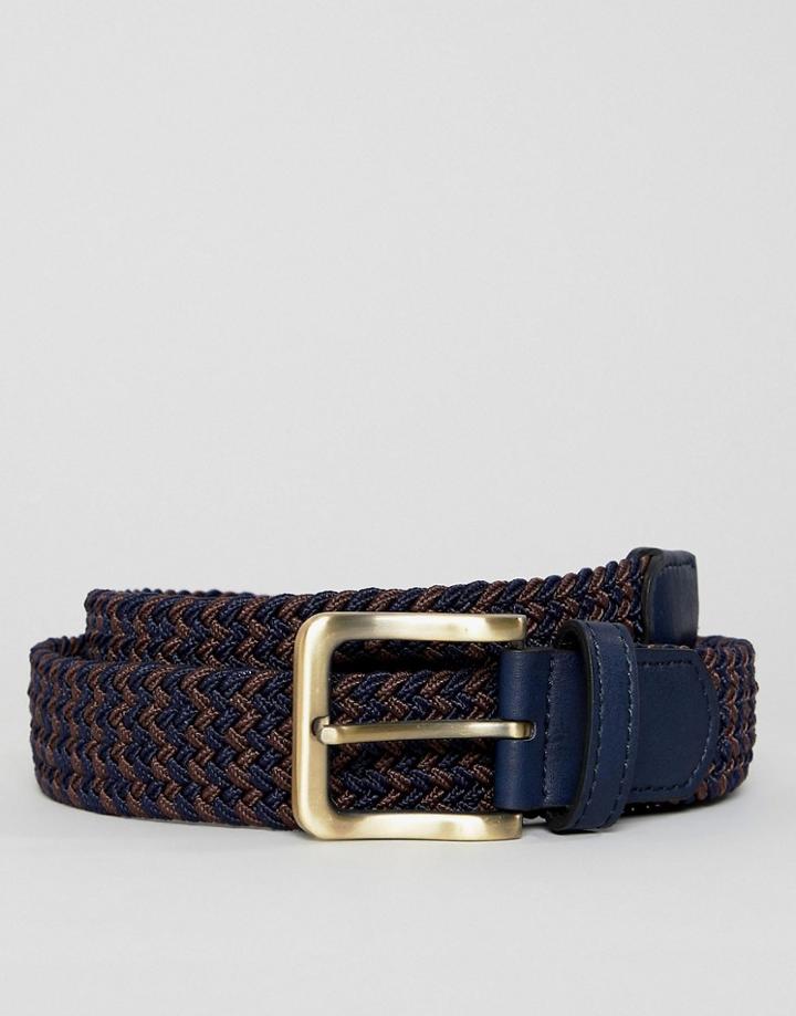 Asos Design Woven Slim Belt In Navy And Burgundy - Navy