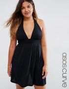 Asos Curve Jersey Ruched Halter Mini Beach Dress - Black