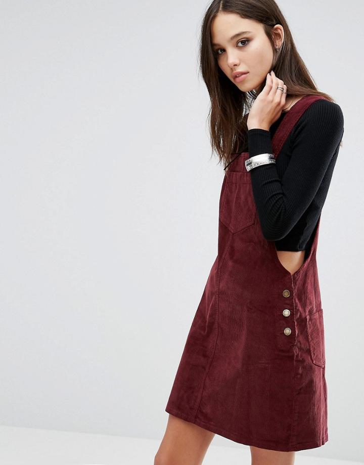 Brave Soul Cord Pinafore Dress - Red