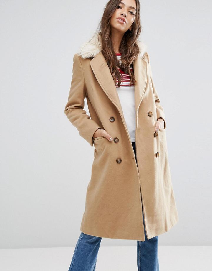 Brave Soul Ashwich Double Breasted Coat With Faux Fur Collar - Beige