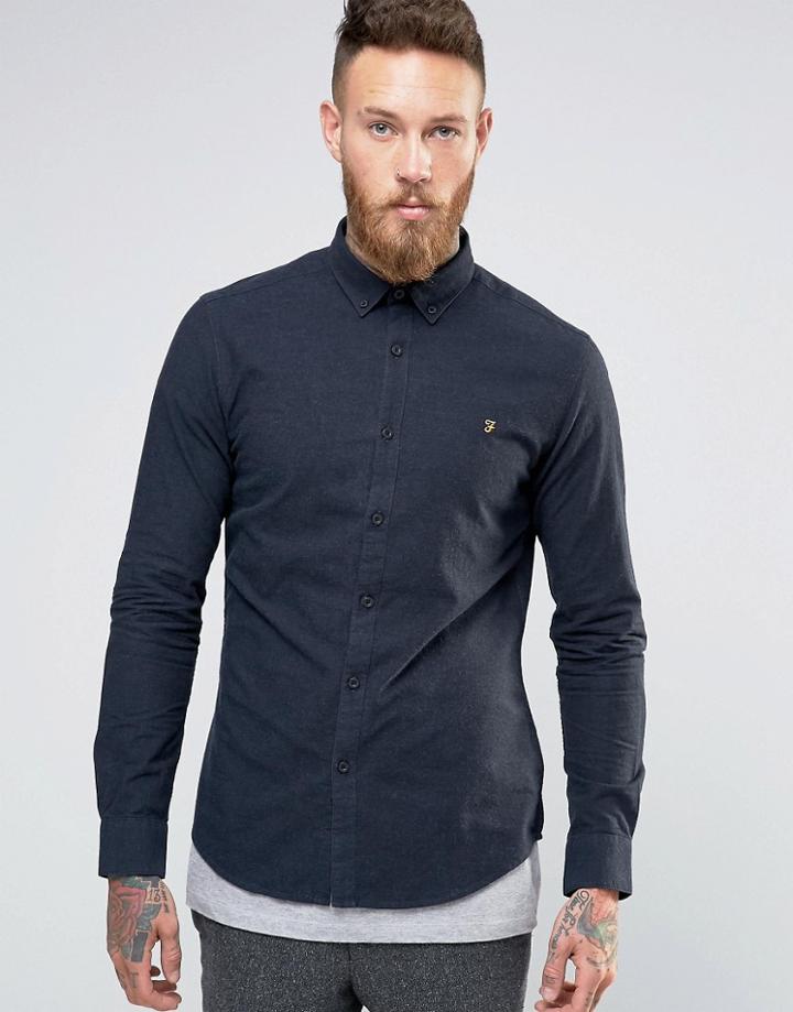 Farah Oxford Shirt With Black Weft In Slim Fit Navy - Navy