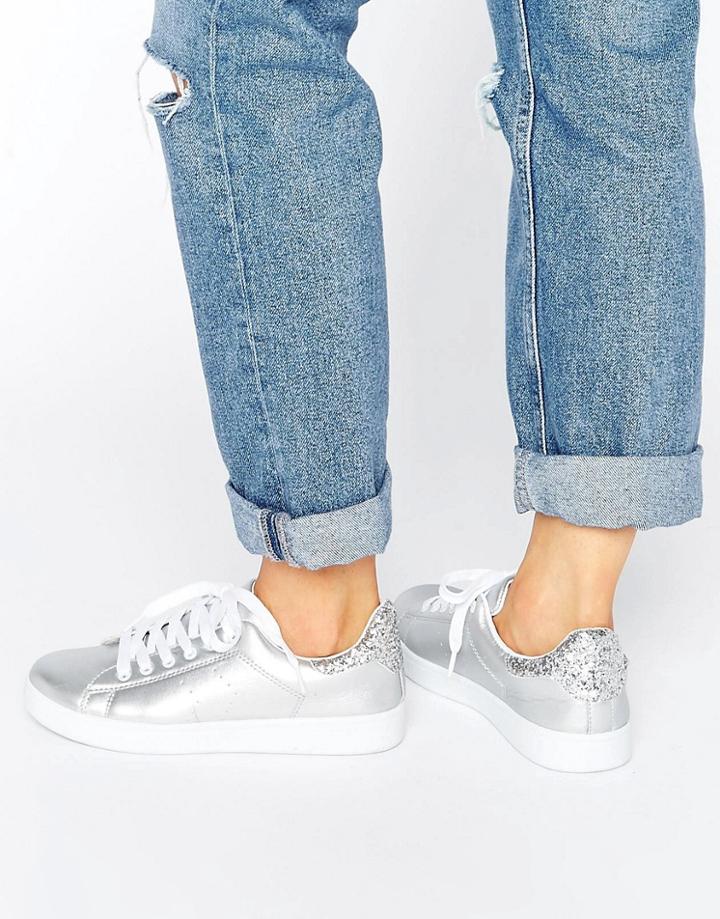 Missguided Silver Glitter Tab Tennis Sneaker - Silver
