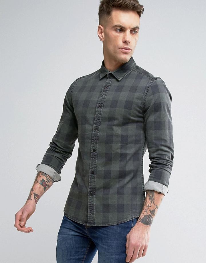 Asos Skinny Denim Buffalo Plaid Shirt With Overdye - Green