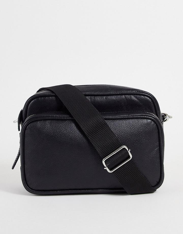 Asos Design Leather Cross Body Bag With Zip Pocket In Black