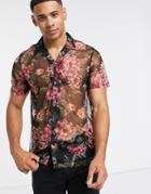 Another Influence Revere Collar Shirt In Sheer Floral Print-black