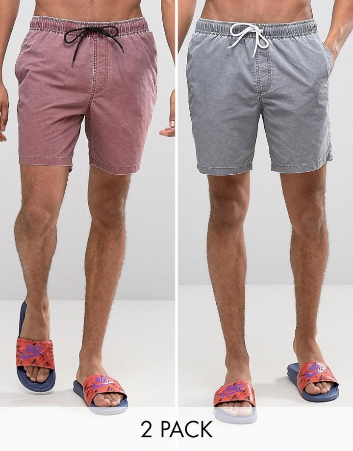 Asos Swim Shorts 2 Pack In Acid Wash Gray And Burgundy In Mid Length S