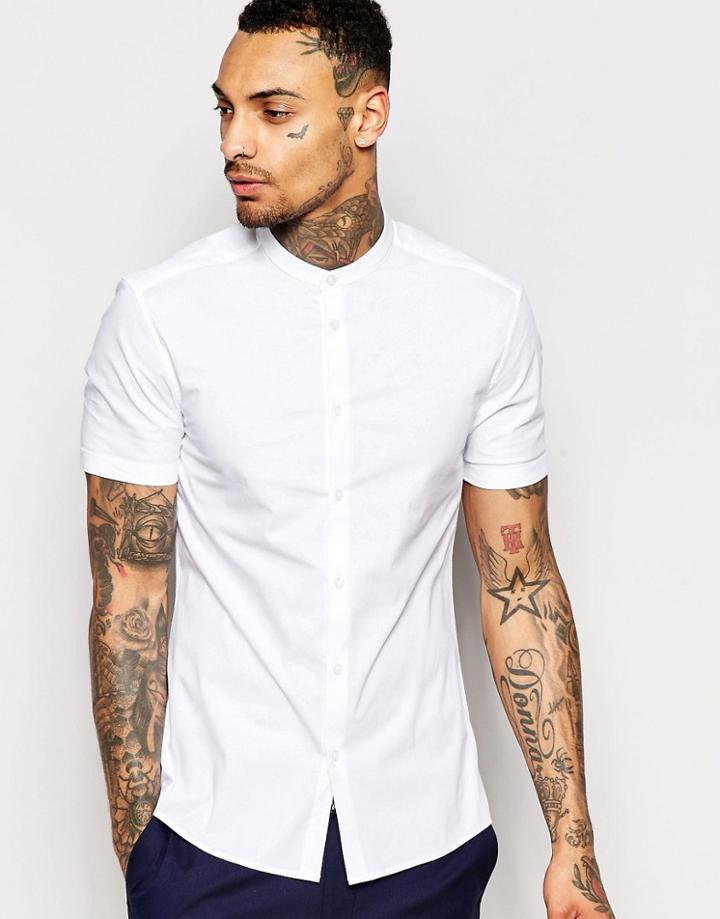 Asos Skinny Shirt In White With Grandad Collar And Short Sleeves - Whi