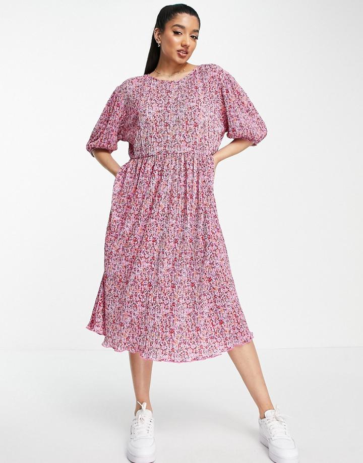 Monki Plisse Smock Dress In Pink Ditsy Floral-multi