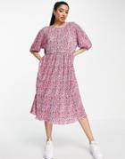 Monki Plisse Smock Dress In Pink Ditsy Floral-multi