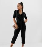 Boohoo Petite Tailored Wrap Front Jumpsuit In Black - Black