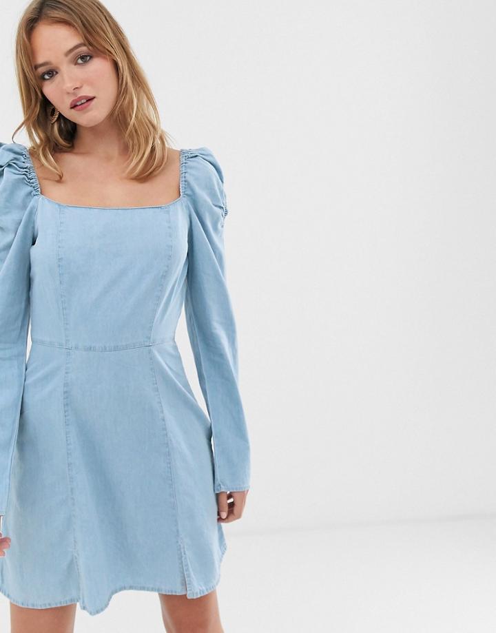 Asos Design Denim Mini Dress With Milkmaid Neckline In Lightwash Blue