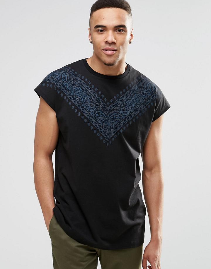 Asos Oversized Sleeveless T-shirt With Bandana Print Yoke In Black - Black