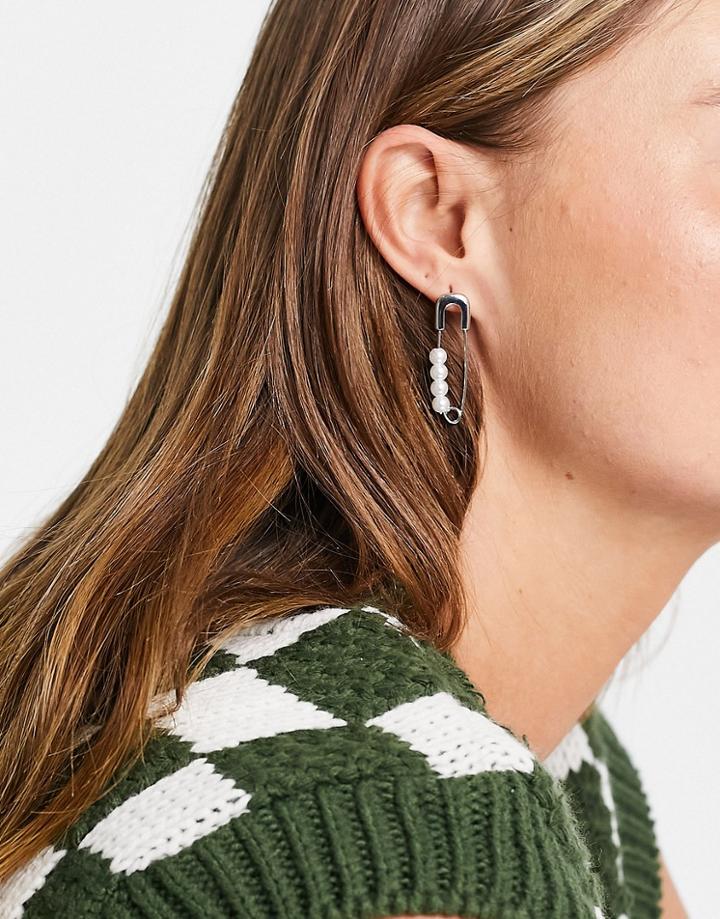 Topshop Pearl Safety Pin Mismatch Stud Earrings In Silver