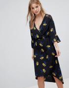 Influence Lace Insert Floral Wrap Midi Dress With Frill Sleeves - Black