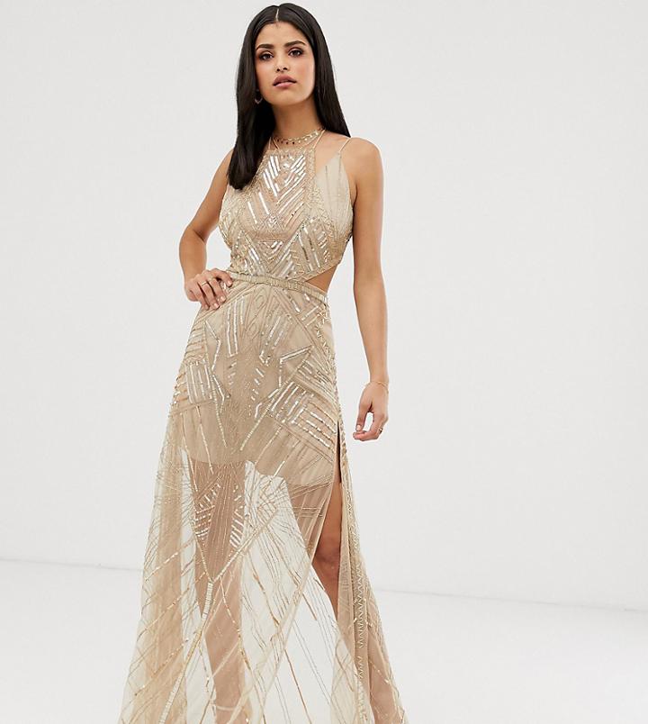 Asos Design Tall Maxi Dress With Geometric Embellishment And Sheer Panels - Gold