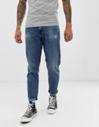 Asos Design 12.5oz Tapered Jeans In Dark Wash With Abrasions - Blue