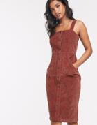 Vero Moda Button Front Cord Pinny Dress In Brown - Brown