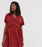 Asos Design Maternity Mini Textured Smock Dress With Button Detail - Orange