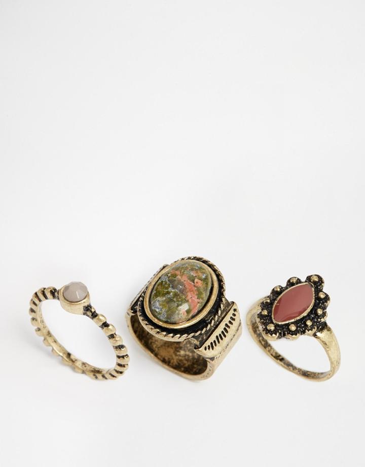 Asos Traveller Stone Ring Pack - Burnished Gold