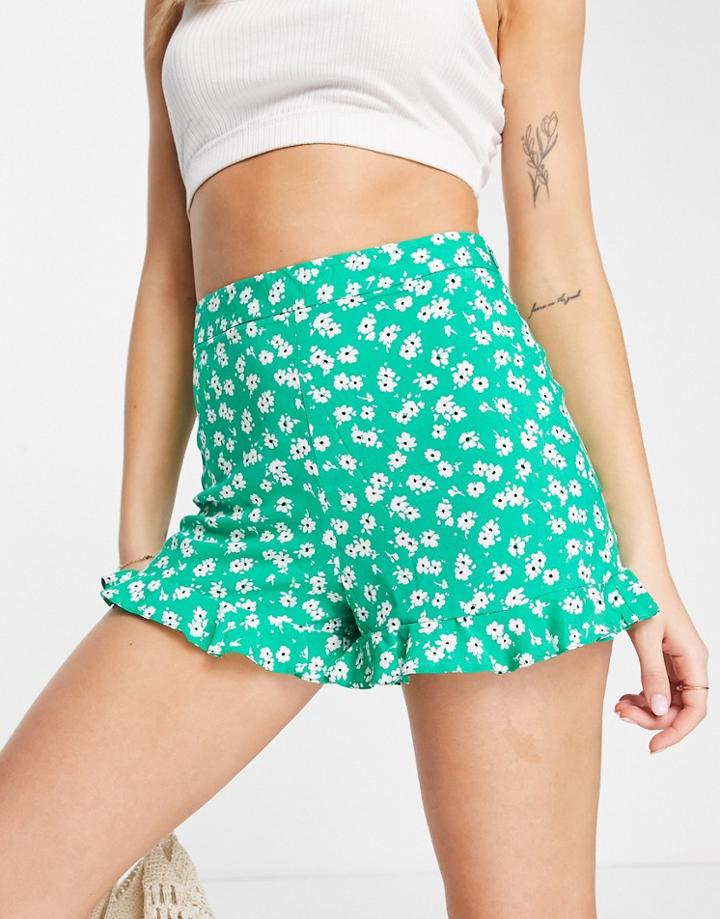 New Look High Rise Frill Short In Ditsy Green Print