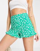New Look High Rise Frill Short In Ditsy Green Print