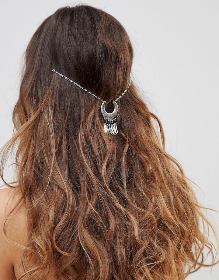 Asos Design Curved Shape And Metal Tassel Multirow Hair Chain - Silver