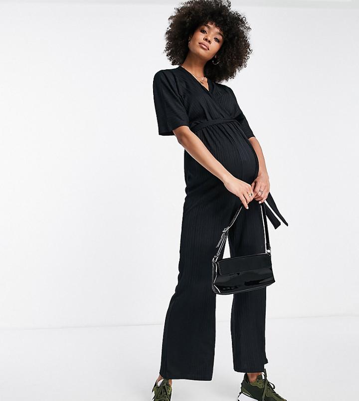 River Island Maternity Wrap Front Plisse Effect Jumpsuit In Black