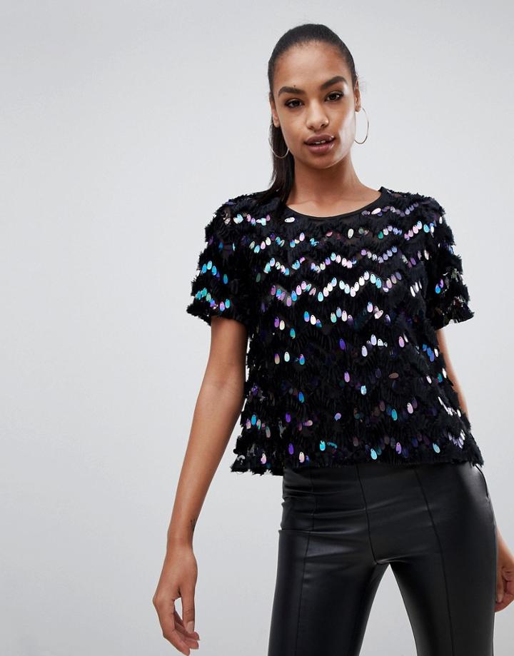 Prettylittlething Zig Zag Sequin Top In Black - Multi
