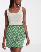 Urban Threads Wrap Front Tie Side Mini Skirt In Green-multi